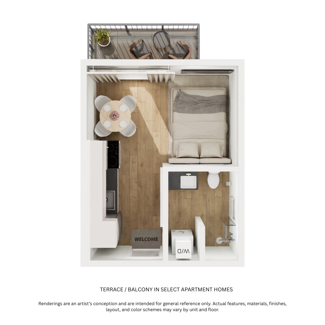Floor plan for studio, 1 bath, 312 sqft